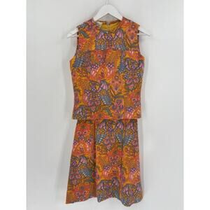 1960s Susan Thomas Vintage Skirt Set Womens 8 Orange Blue Psychedelic Sleeveless